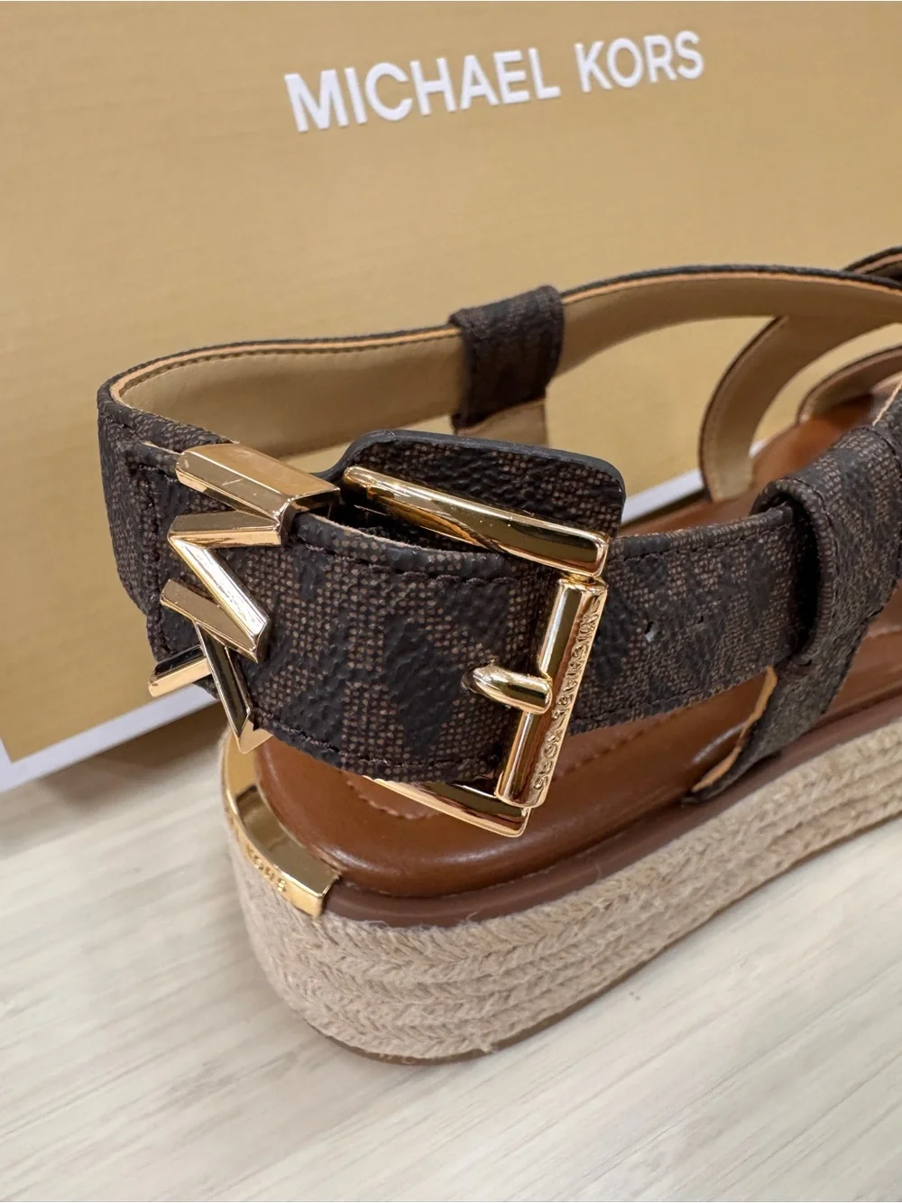 Michael Kors Brown Logo Espadrille Platform Sandal with Gold Buckle